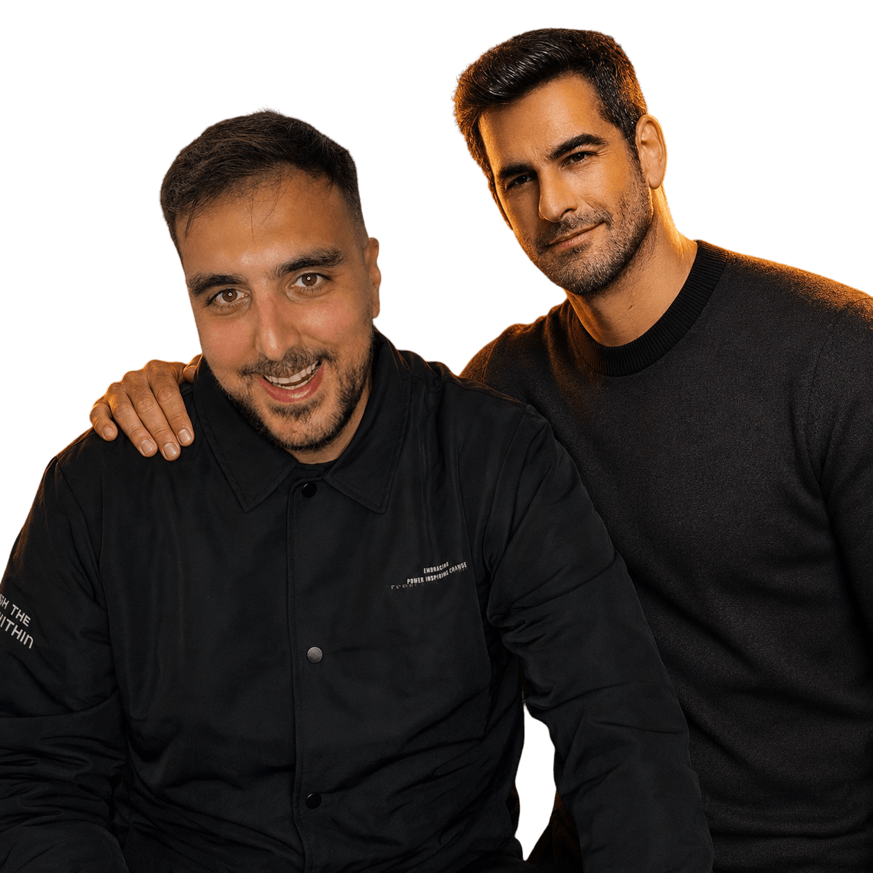 Dor, the designer and developer behind the studio, with Michael — the presenter character — resting a hand on his shoulder