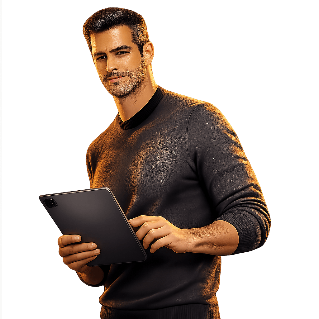 The business owner reviewing his current website on a tablet, unconvinced